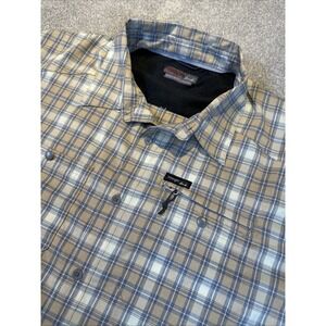Wrangler Outdoor Mens Short Sleeve Button Shirt XL Beige Blue Plaid Hiking Camp‎